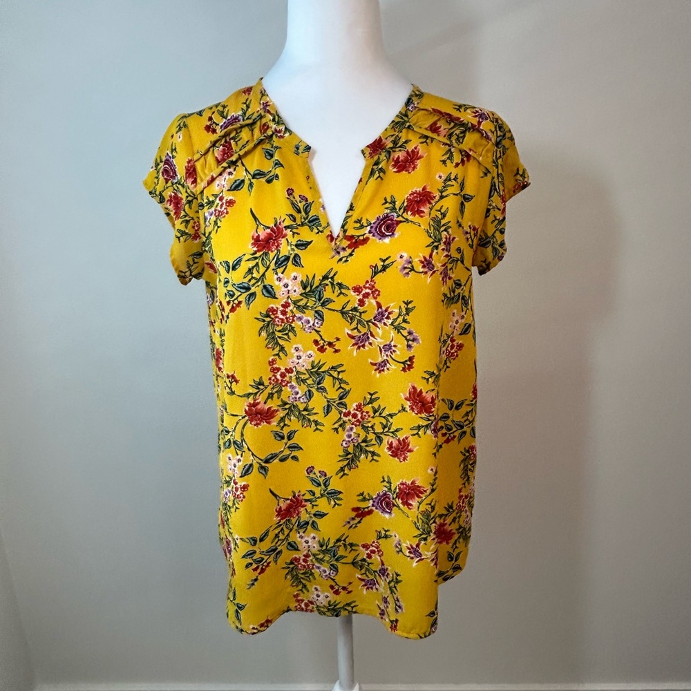 Pleione Mustard Floral Split-Neck Blouse – XS - Picture 1 of 5